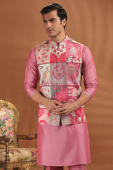 Onion Pink Kurta Pajama with Printed Jacket
